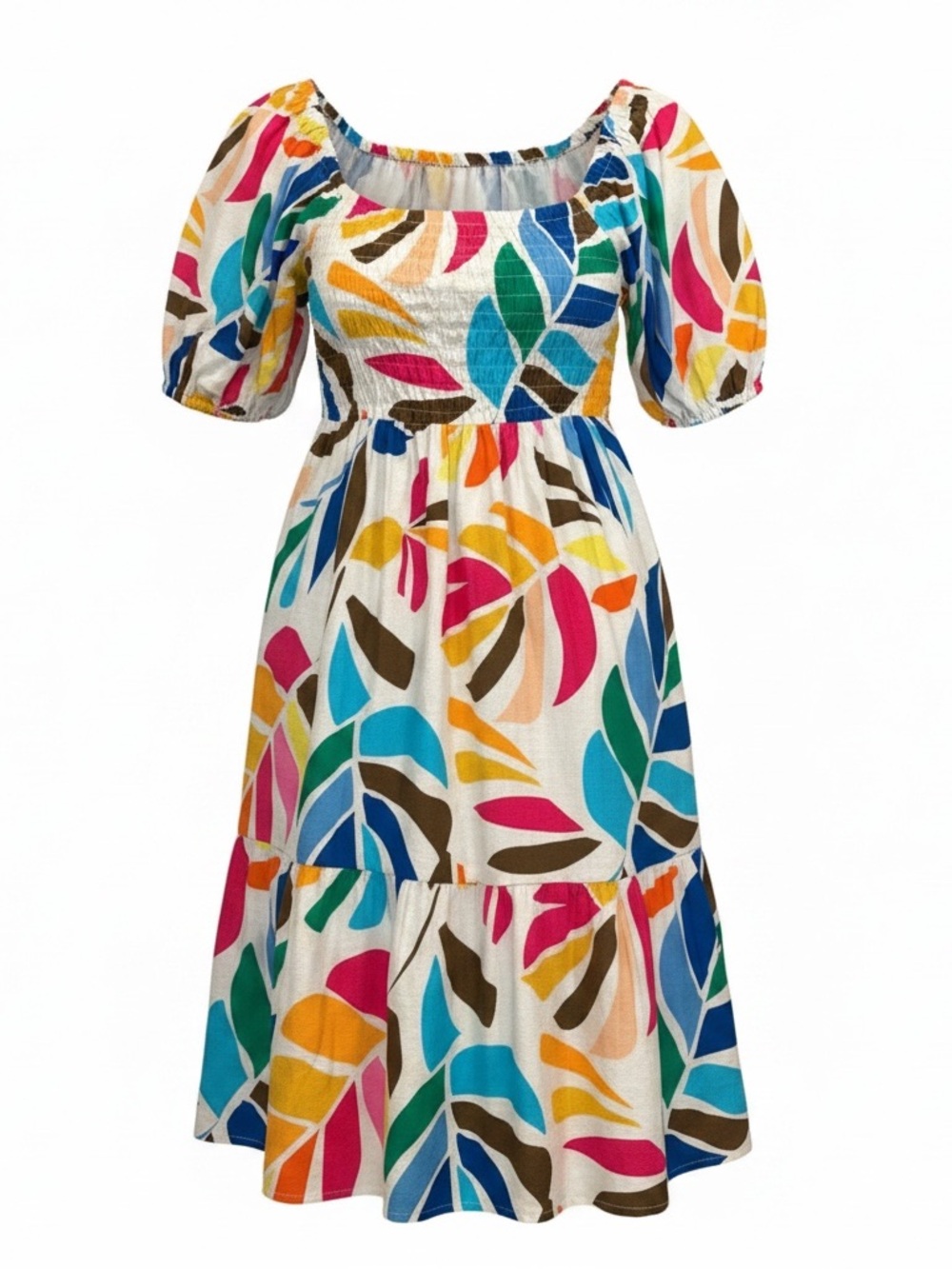NWT: Tabitha Brown Tropical Leaf Print Puff Sleeve Summer Pool Beach Dress Sz S